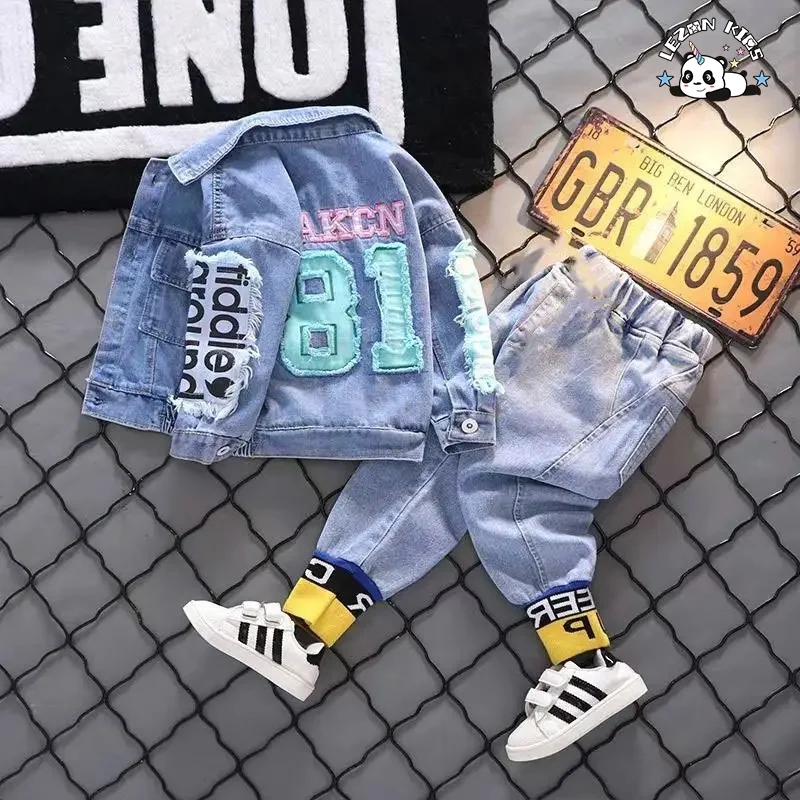 LEZONKIDS - HAPA Customized Winter Suit Breathable Handsome Kids Embroidery Two-Pieces Denim Set